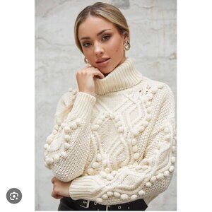 Cream Cable Knit Pom-Pom Turtleneck Sweater - Ivory Cropped Winter Sweater